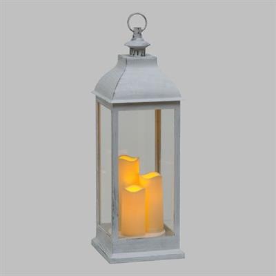 LANTERNA BIANCO ANTICO 3 CANDELE LED CALDO BATT/TIMER H71X24X24