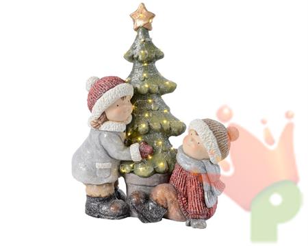 BAMBINI IN RESINA CON ALBERO DI NATALE E LED