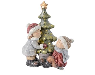 BAMBINI IN RESINA CON ALBERO DI NATALE E LED