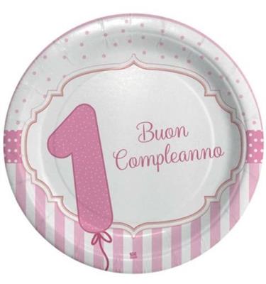 PIATTI 24CM BUON PRIMO COMPLEANNO ROSA 8PZ