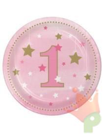 PIATTI IN CARTA PRIMO COMPLEANNO ROSA STELLINE 18 CM 8 PZ