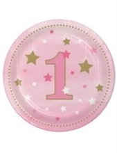 PIATTI IN CARTA PRIMO COMPLEANNO ROSA STELLINE 18 CM 8 PZ