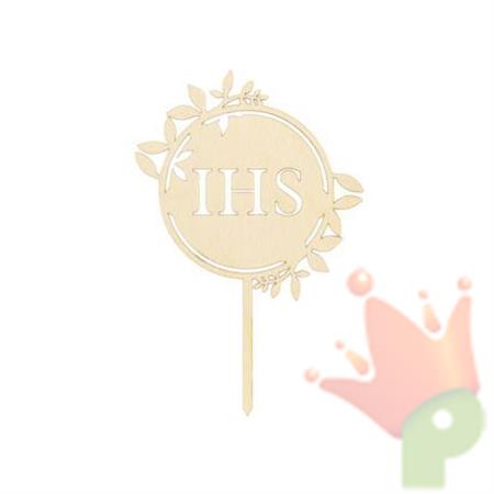 CAKE TOPPER COMUNIONE IHS IN LEGNO 15,5X23 CM