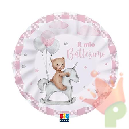 PIATTI BATTESIMO TEDDY BEAR ROSA 8 PZ 25 CM