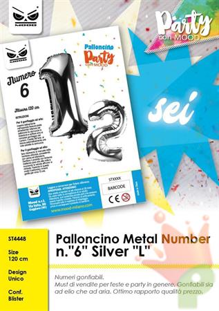 PALLONCINO MYLAR NUMERO 6 ARGENTO 120CM