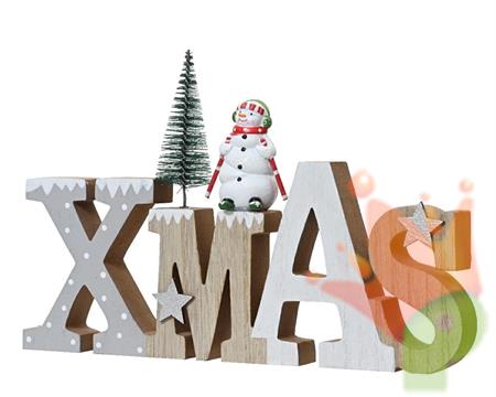 SCRITTA XMAS IN LEGNO CON PUPAZZO DI NEVE E ALBERO H.15X24 CM